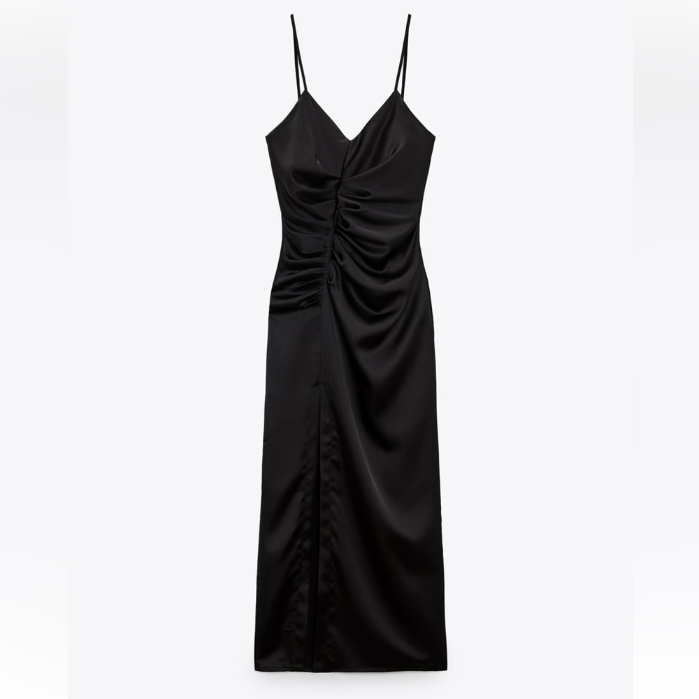 ZARA RUCHED ASYMMETRIC SLIT SATIN SLIP DRESS